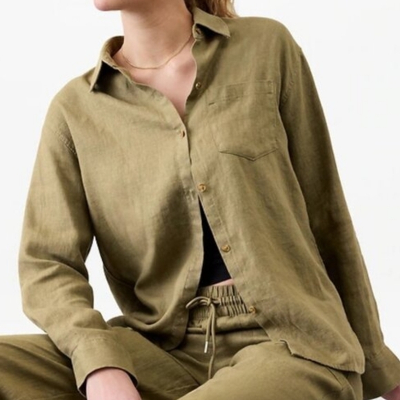 Athleta Other - Athleta Retreat Relaxed Fit Linen Button Down Blouse In Olive Branch Size Medium